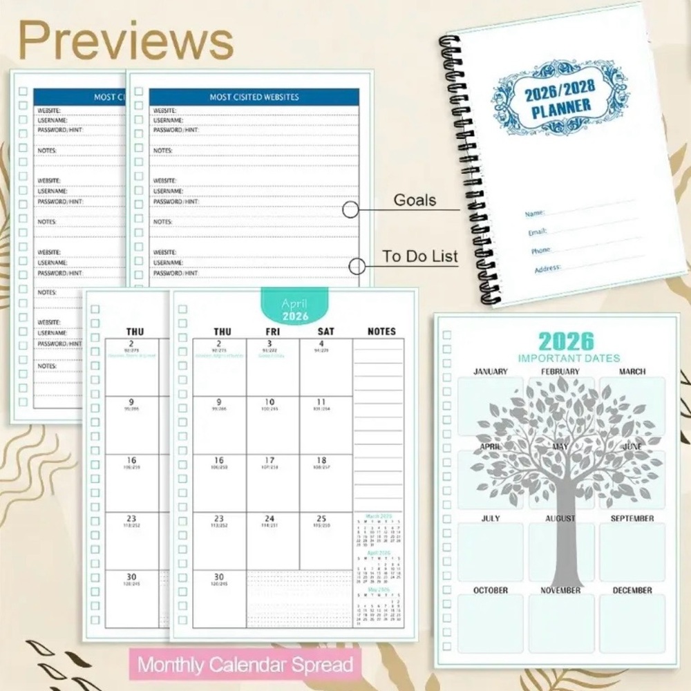 Purple Leaf Design Monthly Planner 2026-2028 - Picture 7 of 8